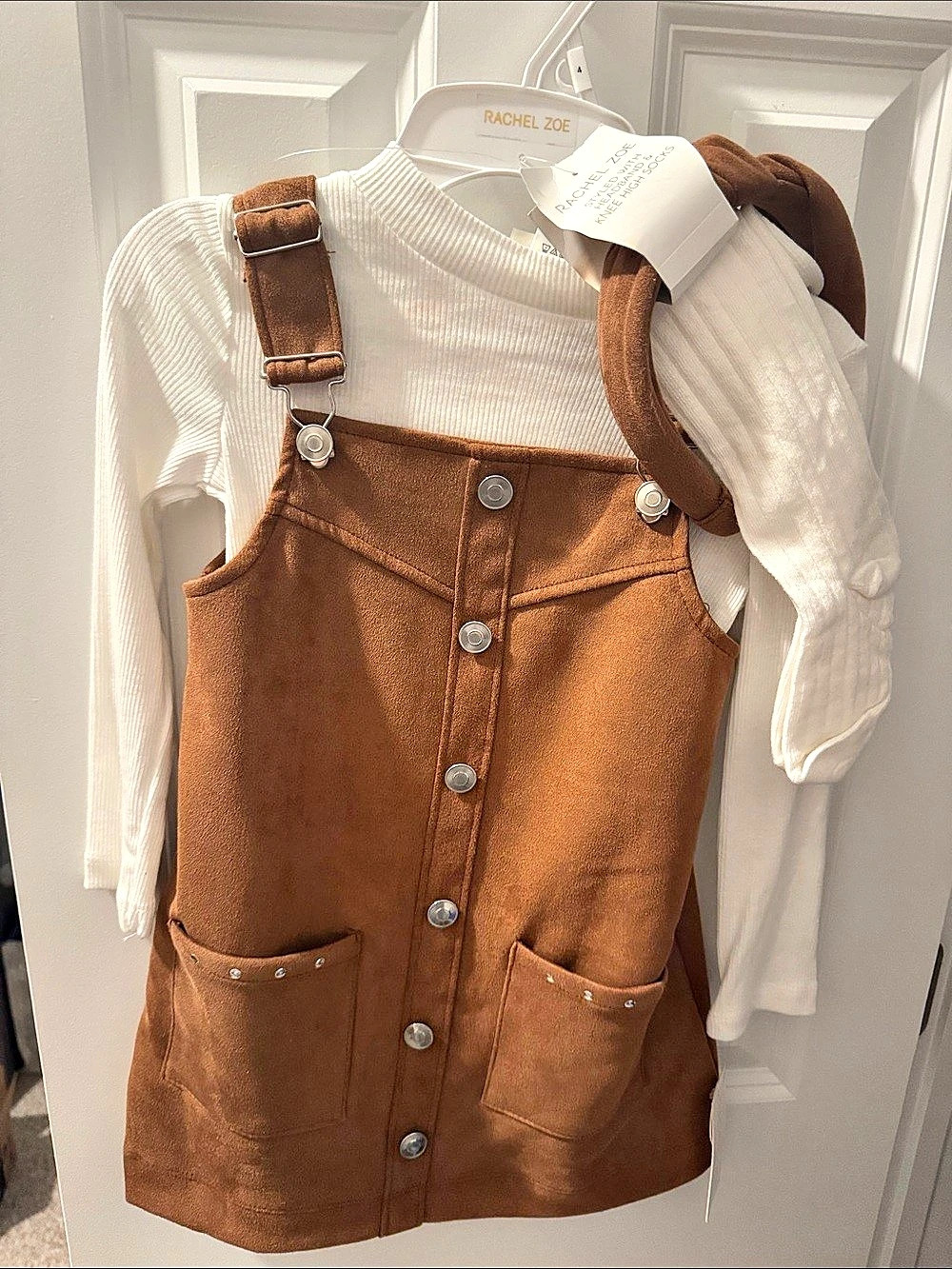 Rachel Zoe Girls Faux Suede Pinafore Dress Set Brown & White Size 4